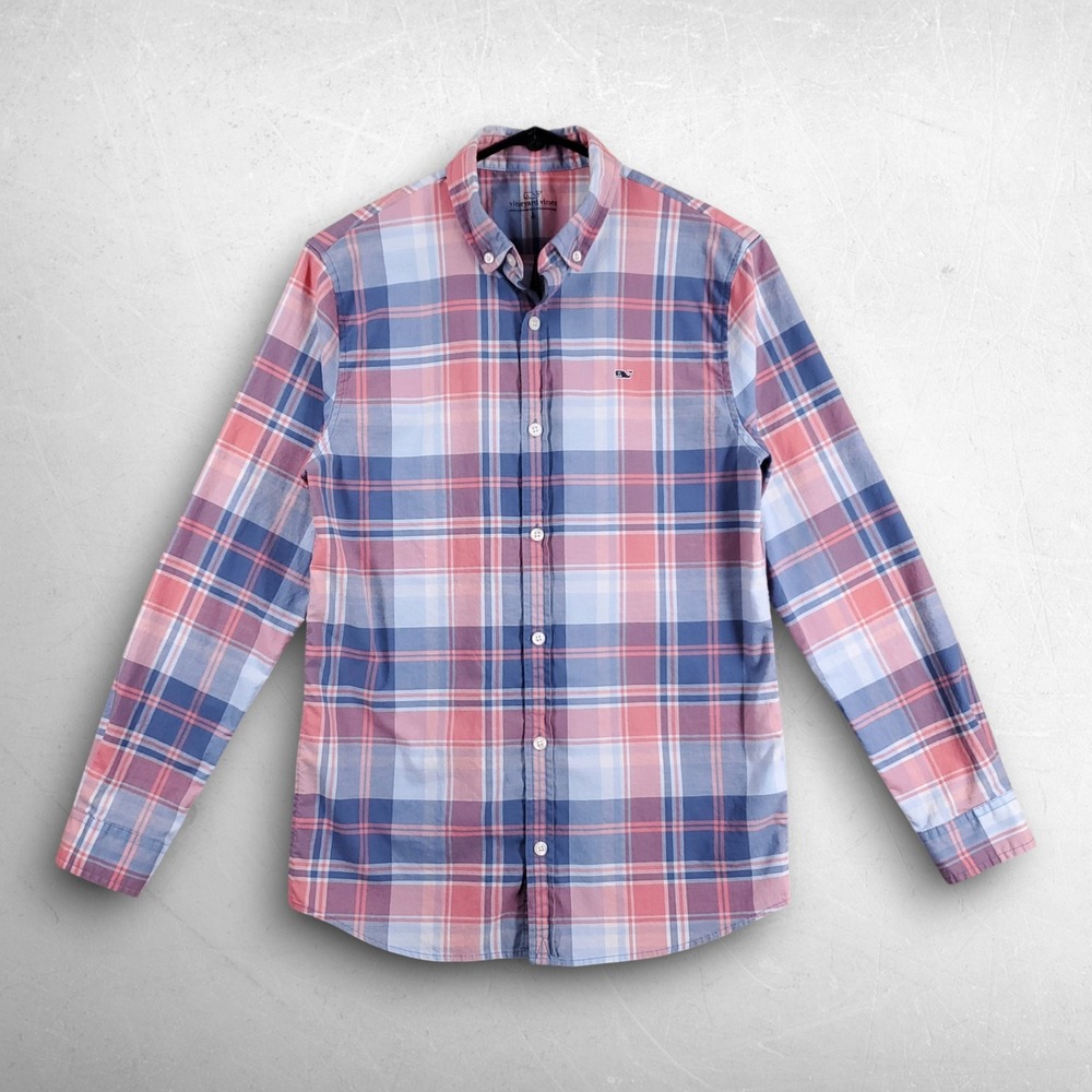 Vineyard Vines Madras Plaid Button Up Shirt Boys L Blue Pink Preppy Coastal